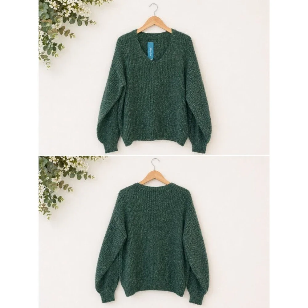 Cupshe Green Chunky Knit Sweater NWT Size Large V Neck Slouchy Cozy Pullover